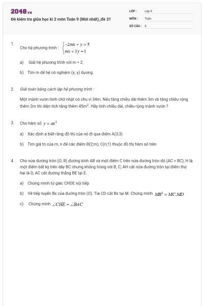 Đề kiểm tra giữa học kì 2 môn Toán 9 (Mới nhất)_đề 31