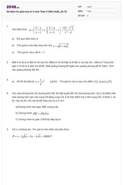Đề kiểm tra giữa học kì 2 môn Toán 9 (Mới nhất)_đề 32