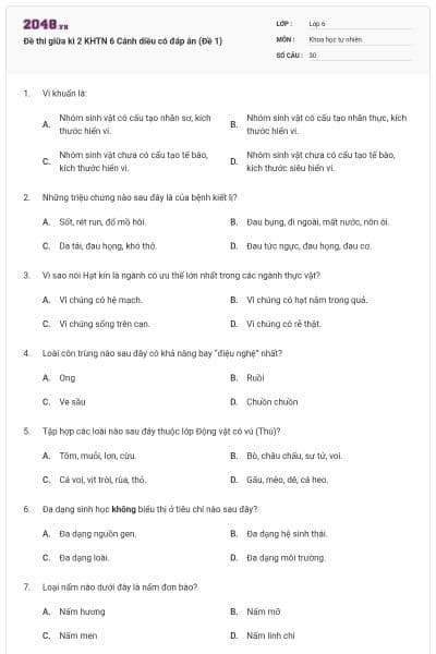 Đề thi giữa kì 2 KHTN 6 Cánh diều có đáp án (Đề 1)