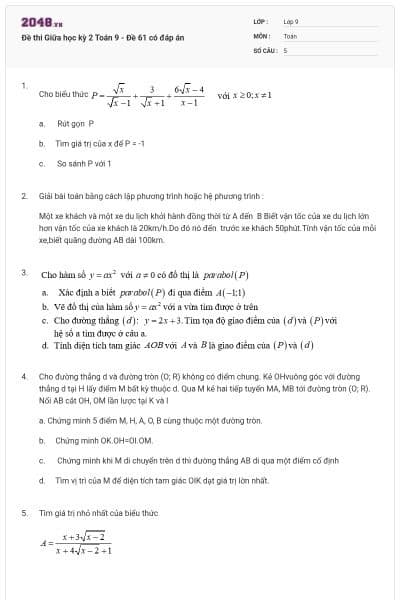 Đề thi Giữa học kỳ 2 Toán 9 - Đề 61 có đáp án