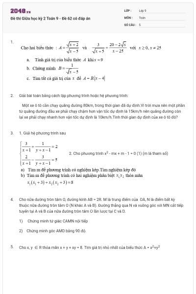 Đề thi Giữa học kỳ 2 Toán 9 - Đề 62 có đáp án