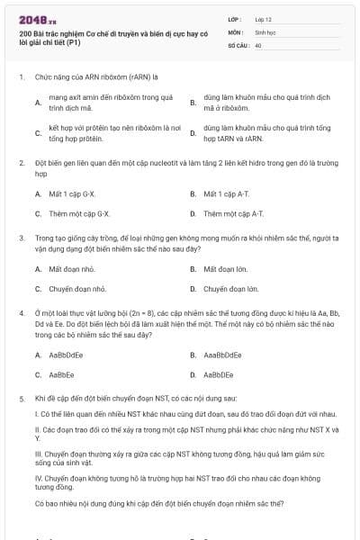 200 Bài trắc nghiệm Cơ chế di truyền và biến dị cực hay có lời giải chi tiết (P1)