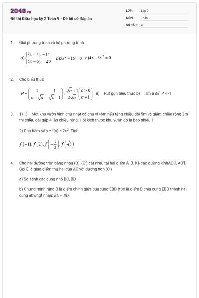 Đề thi Giữa học kỳ 2 Toán 9 - Đề 66 có đáp án