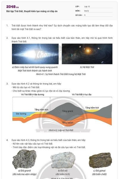 Bài tập Trái Đất, thuyết kiến tạo mảng có đáp án