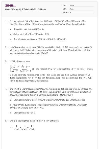 Đề thi Giữa học kỳ 2 Toán 9 - Đề 72 có đáp án