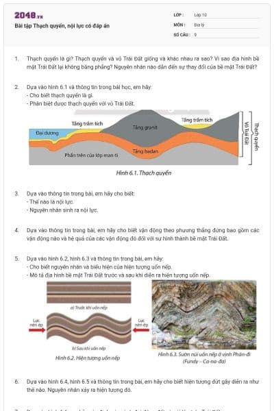 Bài tập Thạch quyển, nội lực có đáp án