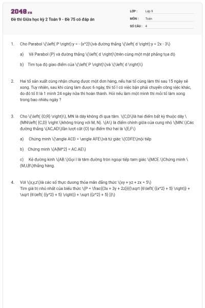 Đề thi Giữa học kỳ 2 Toán 9 - Đề 75 có đáp án