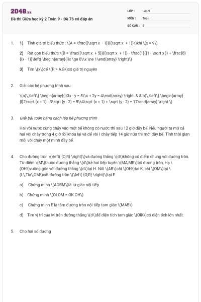 Đề thi Giữa học kỳ 2 Toán 9 - Đề 76 có đáp án