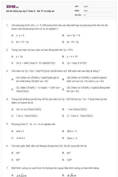 Đề thi Giữa học kỳ 2 Toán 9 - Đề 77 có đáp án