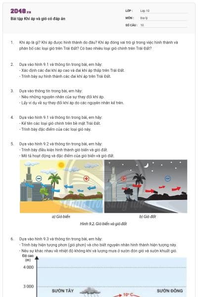 Bài tập Khí áp và gió có đáp án