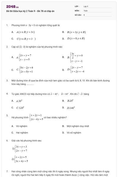 Đề thi Giữa học kỳ 2 Toán 9 - Đề 78 có đáp án