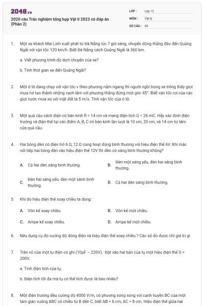 2020 câu Trắc nghiệm tổng hợp Vật lí 2023 có đáp án (Phần 2)