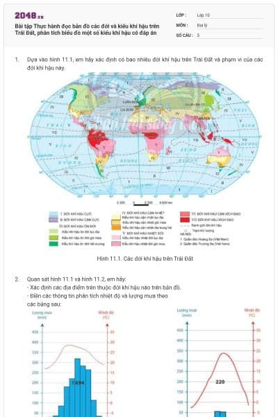 Bài tập Thực hành đọc bản đồ các đới và kiểu khí hậu trên Trái Đất, phân tích biểu đồ một số kiểu khí hậu có đáp án