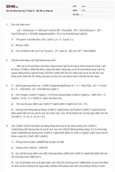 Đề thi Giữa học kỳ 2 Toán 9 - Đề 80 có đáp án