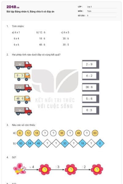 Bài tập Bảng nhân 6, Bảng chia 6 có đáp án