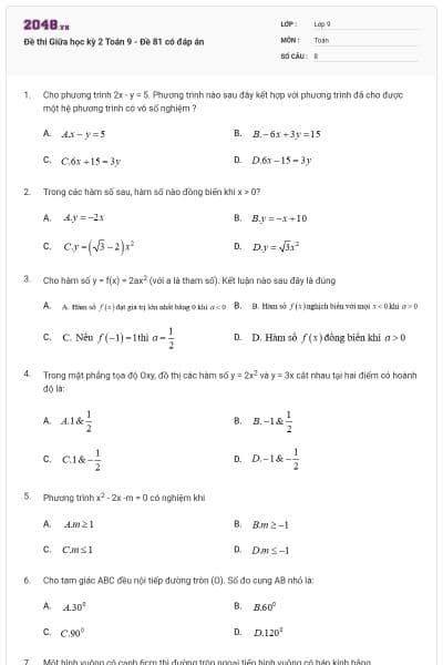 Đề thi Giữa học kỳ 2 Toán 9 - Đề 81 có đáp án