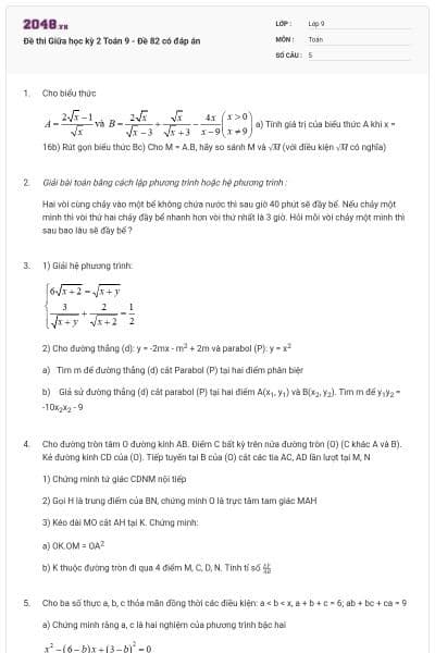 Đề thi Giữa học kỳ 2 Toán 9 - Đề 82 có đáp án