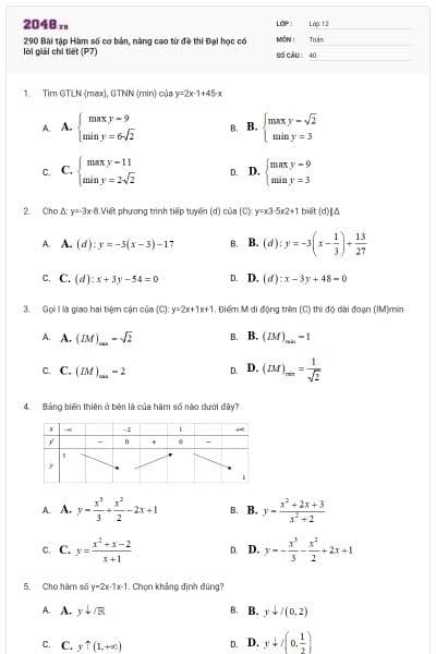 290 Bài tập Hàm số cơ bản, nâng cao từ đề thi Đại học có lời giải chi tiết (P7)
