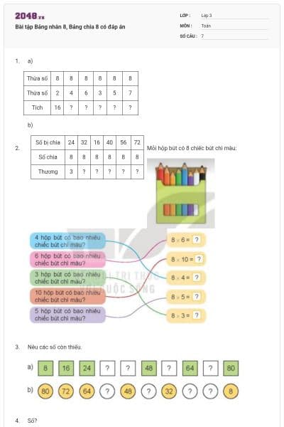 Bài tập Bảng nhân 8, Bảng chia 8 có đáp án
