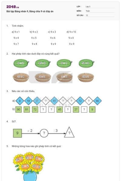 Bài tập Bảng nhân 9, Bảng chia 9 có đáp án