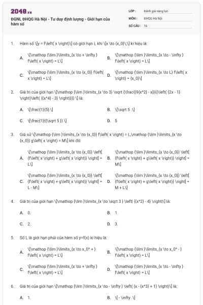 ĐGNL ĐHQG Hà Nội - Tư duy định lượng - Giới hạn của hàm số