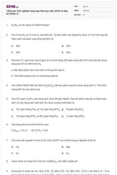 1004 câu Trắc nghiệm tổng hợp Hóa học năm 2023 có đáp án (Phần 1)