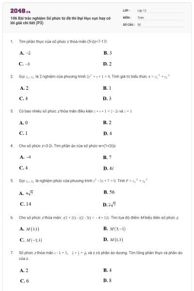 106 Bài trắc nghiệm Số phức từ đề thi Đại Học cực hay cớ lời giải chi tiết (P3)