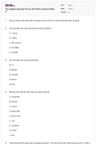 Trắc nghiệm tổng hợp Tin học năm 2023 có đáp án (Phần 1)