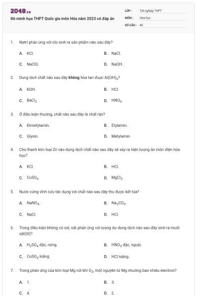 Đề minh họa THPT Quốc gia môn Hóa năm 2023 có đáp án