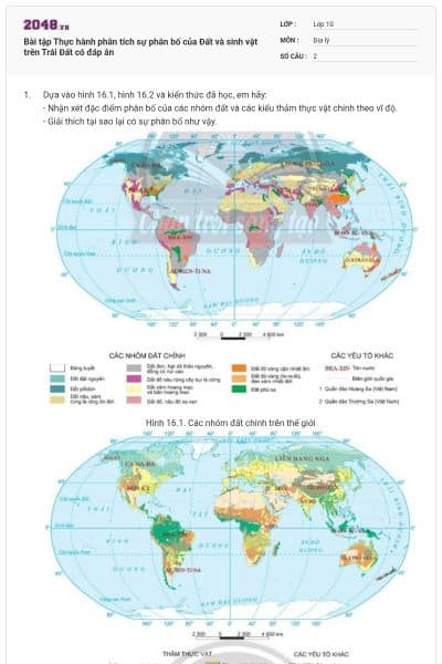 Bài tập Thực hành phân tích sự phân bố của Đất và sinh vật trên Trái Đất có đáp án