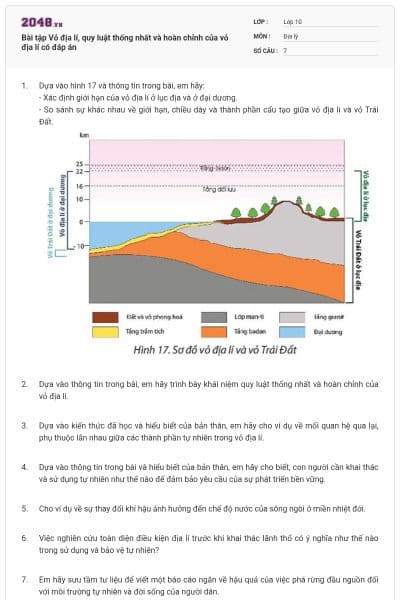 Bài tập Vỏ địa lí, quy luật thống nhất và hoàn chỉnh của vỏ địa lí có đáp án
