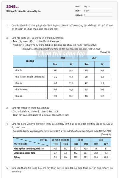 Bài tập Cơ cấu dân số có đáp án