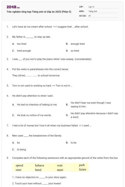 Trắc nghiệm tổng hợp Tiếng anh có đáp án 2023 (Phần 5)