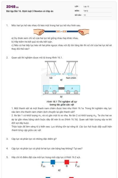Bài tập Bài 16. Định luật 3 Newton có đáp án