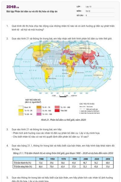 Bài tập Phân bố dân cư và đô thị hóa có đáp án