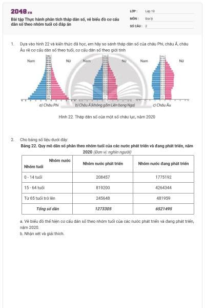 Bài tập Thực hành phân tích tháp dân số, vẽ biểu đồ cơ cấu dân số theo nhóm tuổi có đáp án