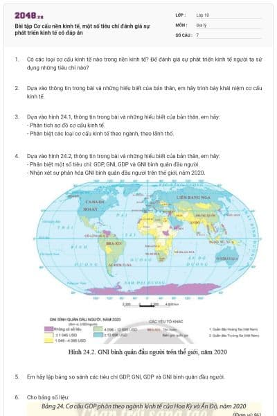 Bài tập Cơ cấu nền kinh tế, một số tiêu chí đánh giá sự phát triển kinh tế có đáp án