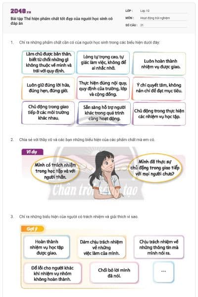 Bài tập Thể hiện phẩm chất tốt đẹp của người học sinh có đáp án