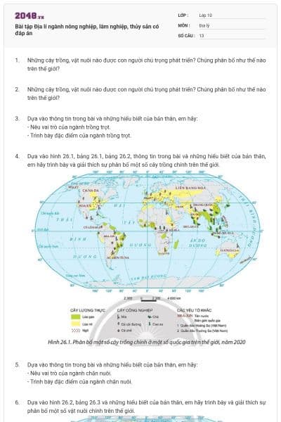 Bài tập Địa lí ngành nông nghiệp, lâm nghiệp, thủy sản có đáp án