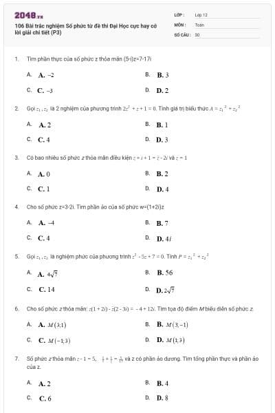 106 Bài trắc nghiệm Số phức từ đề thi Đại Học cực hay cớ lời giải chi tiết (P3)