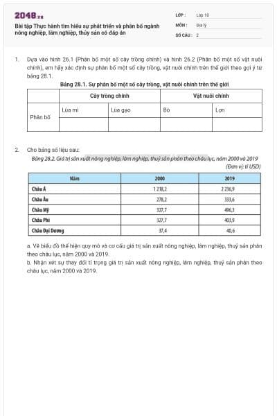 Bài tập Thực hành tìm hiểu sự phát triển và phân bố ngành nông nghiệp, lâm nghiệp, thủy sản có đáp án