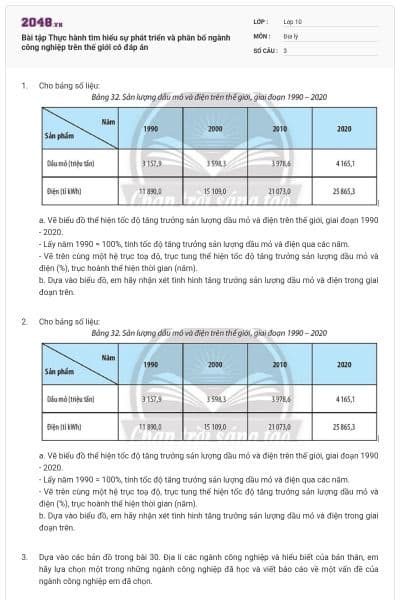 Bài tập Thực hành tìm hiểu sự phát triển và phân bố ngành công nghiệp trên thế giới có đáp án