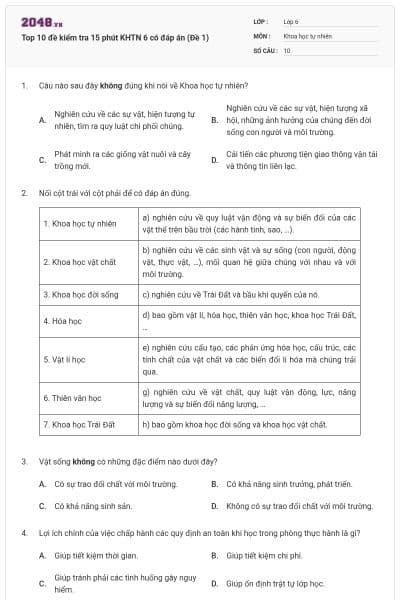 Top 10 đề kiểm tra 15 phút KHTN 6 có đáp án (Đề 1)