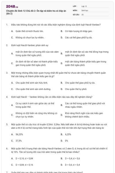 Chuyên đề Sinh 12 Chủ đề 2: Ôn tập và kiểm tra có đáp án (Đề 2)