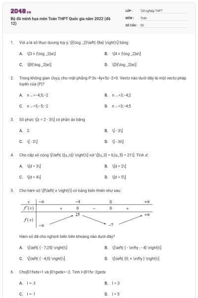 Bộ đề minh họa môn Toán THPT Quốc gia năm 2022 (đề 12)