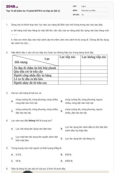 Top 10 đề kiểm tra 15 phút KHTN 6 có đáp án (Đề 2)