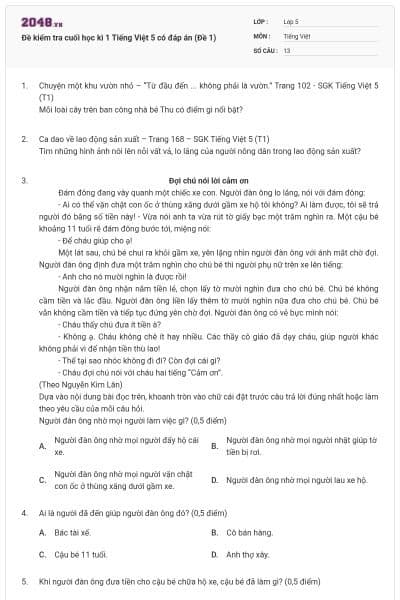 Đề kiểm tra cuối học kì 1 Tiếng Việt 5 có đáp án (Đề 1)