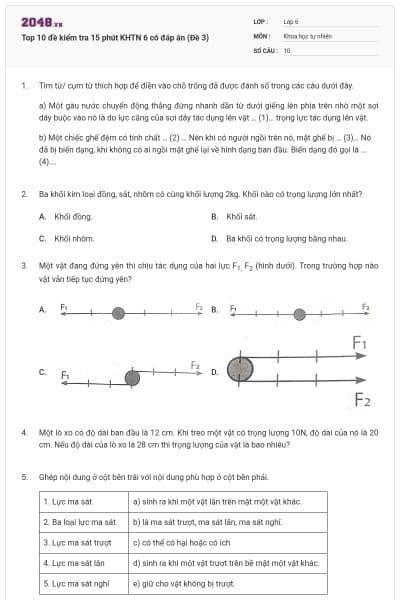 Top 10 đề kiểm tra 15 phút KHTN 6 có đáp án (Đề 3)