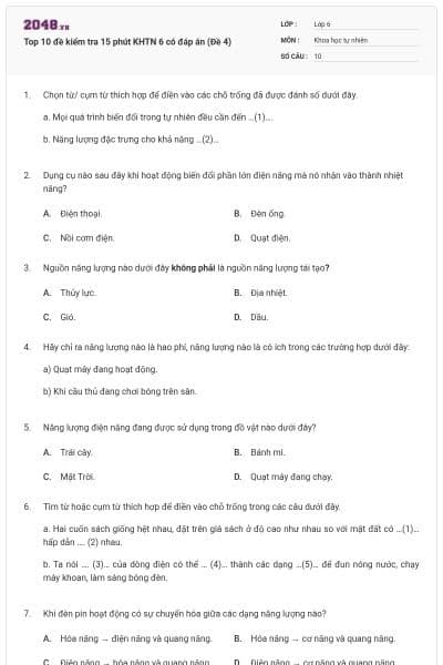 Top 10 đề kiểm tra 15 phút KHTN 6 có đáp án (Đề 4)