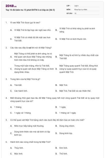 Top 10 đề kiểm tra 15 phút KHTN 6 có đáp án (Đề 5)